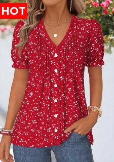 Red Geometric Print Frill Short Sleeve T Shirt