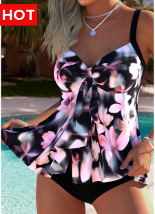 Tummy Coverage Mid Waisted Floral Print Pink Tankini Set