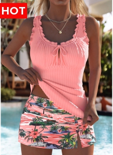 Mid Waisted Tropical Plants Print Dusty Pink Tankini Set