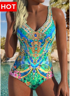 Tummy Control Chain Print Multi Color One Piece Swimwear