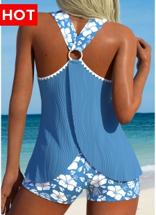 Circular Ring Mid Waisted Floral Print Tankini Set