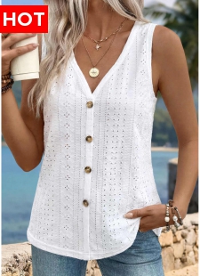 White Button Sleeveless V Neck Tank Top