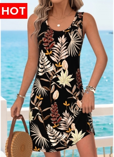 Black Tummy Coverage Leaf Print Short Sleeveless Dress