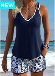 Navy Mid Waisted Bowknot Marine Life Print Tankini Set