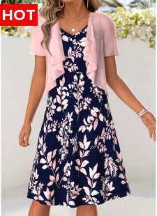Pink Leaf Print Tummy Coverage Dress and Cardigan
