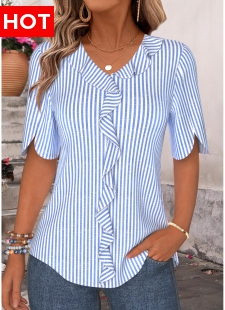 Blue Striped Ruffle Half Sleeve V Neck Blouse