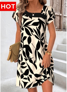 Beige Leaf Print Short Tummy Coverage Asymmetrical Neck Dress