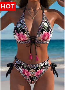 Mid Waisted Floral Print Black Bikini Set