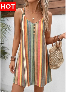 Multi Color Striped Short Twist Strappy V Neck Dress