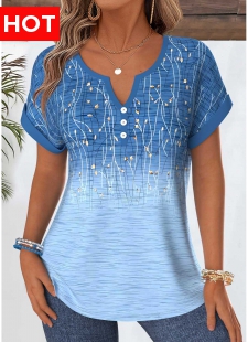 Blue Ombre Tummy Coverage Short Sleeve Split Neck Blouse