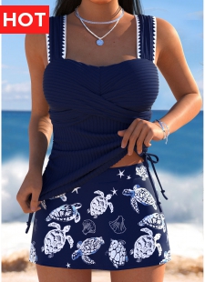 Tummy Coverage Navy Marine Life Print Tankini Set