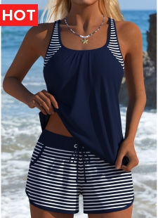 Tummy Coverage Mid Waisted Striped Navy Tankini Set