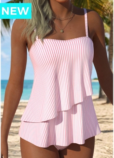 Pink Mid Waisted Layered Striped Tankini Set