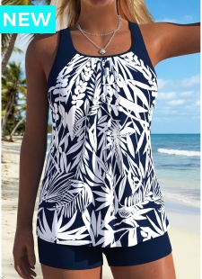 Blue Mid Waisted Two-piece Tropical Plants Print Tankini Set