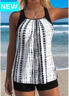 Black Patchwork Tie Dye Print Tankini Top