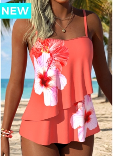 Orange Layered Floral Print Tankini Top