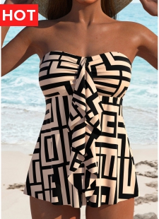Ruffle Geometric Print Light Coffee Tankini Top