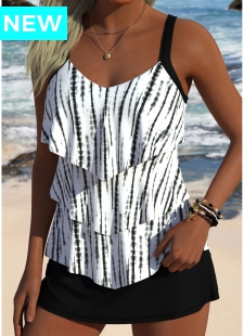Black Mid Waisted Tie Dye Print Tankini Set