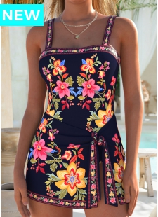 Black Layered Floral Print One Piece Swimdress
