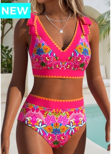 Hot Pink Mid Waisted Wide Waistband Bikini Set