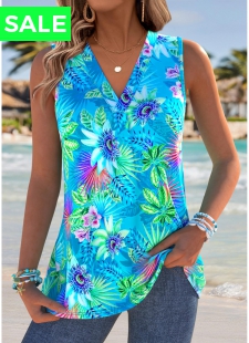 Cyan Marine Life Print Sleeveless V Neck Tank Top