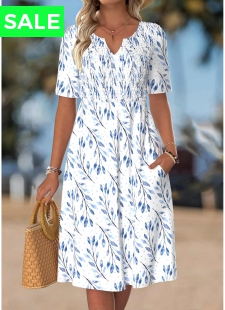 White Leaf Print Smocked Short Sleeve Split Neck Dress