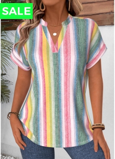 Multi Color Striped Curved Hem Short Sleeve Blouse