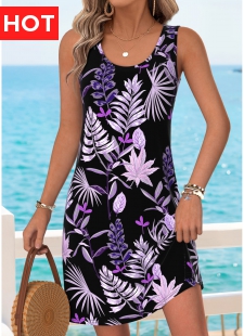 Black Tummy Coverage Leaf Print Short Sleeveless Dress