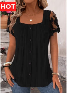 Black Pleated Short Sleeve Square Neck Blouse