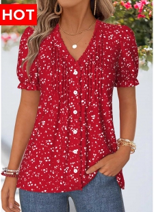 Red Geometric Print Frill Short Sleeve T Shirt
