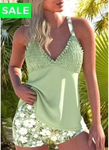 Frill Floral Print Light Green Tankini Set