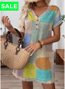 Multi Color Patchwork Geometric Print Short V Neck Dress