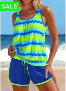 Patchwork Wave Pattern Print Neon Green Tankini Set