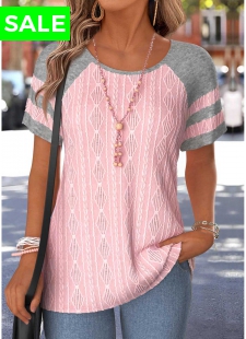 Light Pink Patchwork Short Sleeve Round Neck T Shirt
