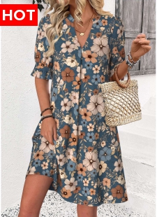 Multi Color Floral Print Half Sleeve Split Neck Dress