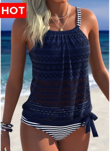 Navy Mid Waisted Blouson Striped Tankini Set