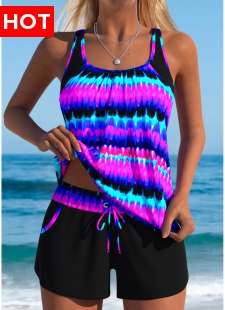Tummy Coverage Mid Waisted Tie Dye Print Tankini Set