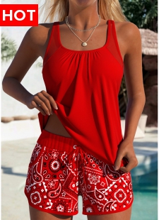 Tummy Coverage Mid Waisted Paisley Print Red Tankini Set