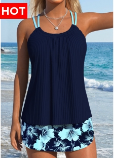Navy Mid Waisted Lace Up Floral Print Tankini Set