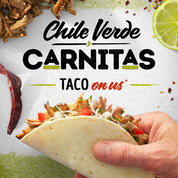 Chile Verde Carnitas Taco on us