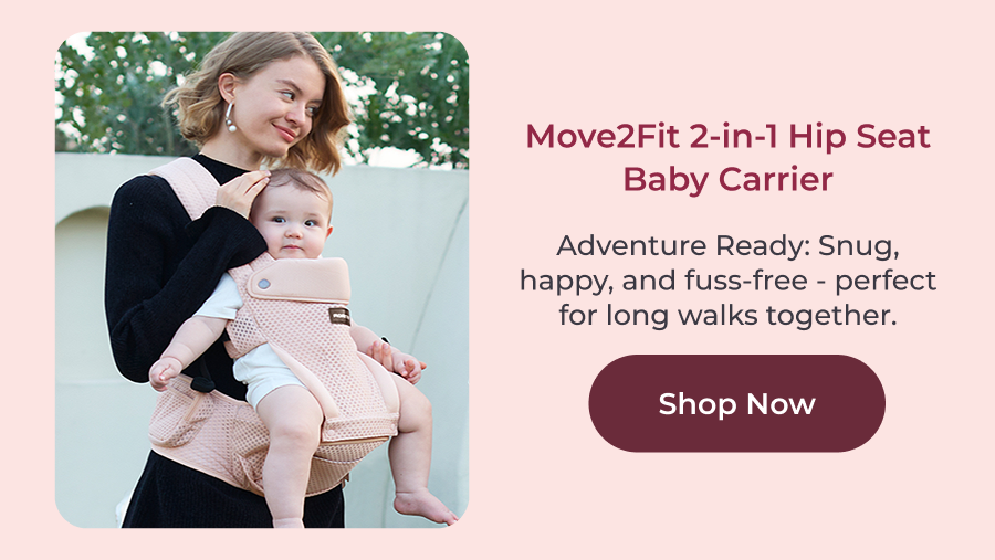 Move2Fit 2-in-1 Hip Seat Baby Carrier Adventure Ready: Snug, happy, and fuss-free - perfect for long walks together.