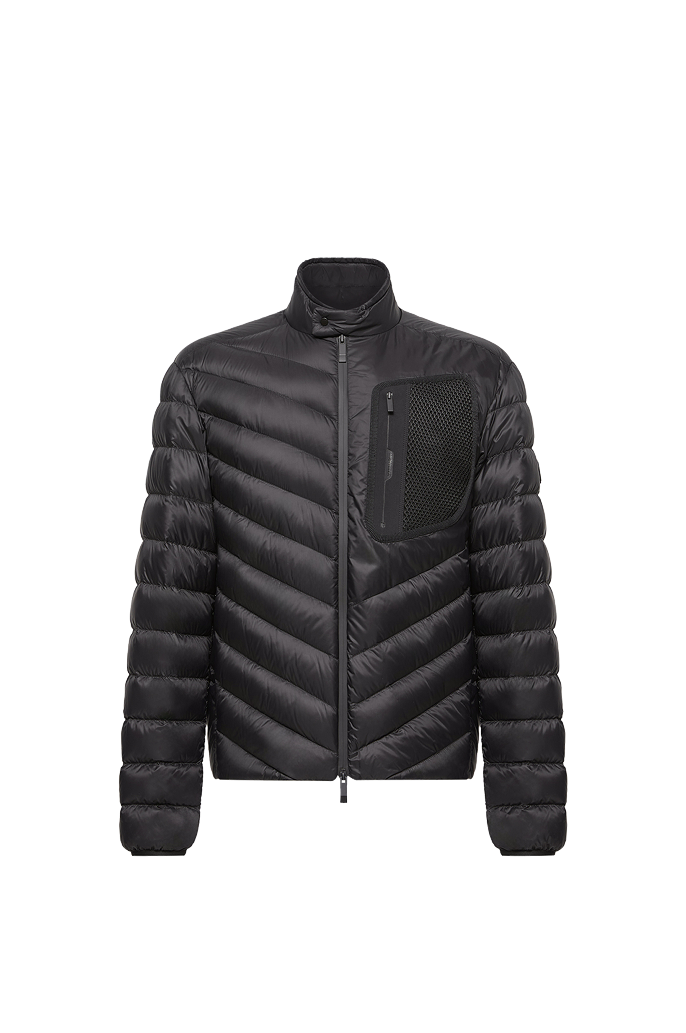 Mackinac Diagonal-Quilted Down Biker Jacket