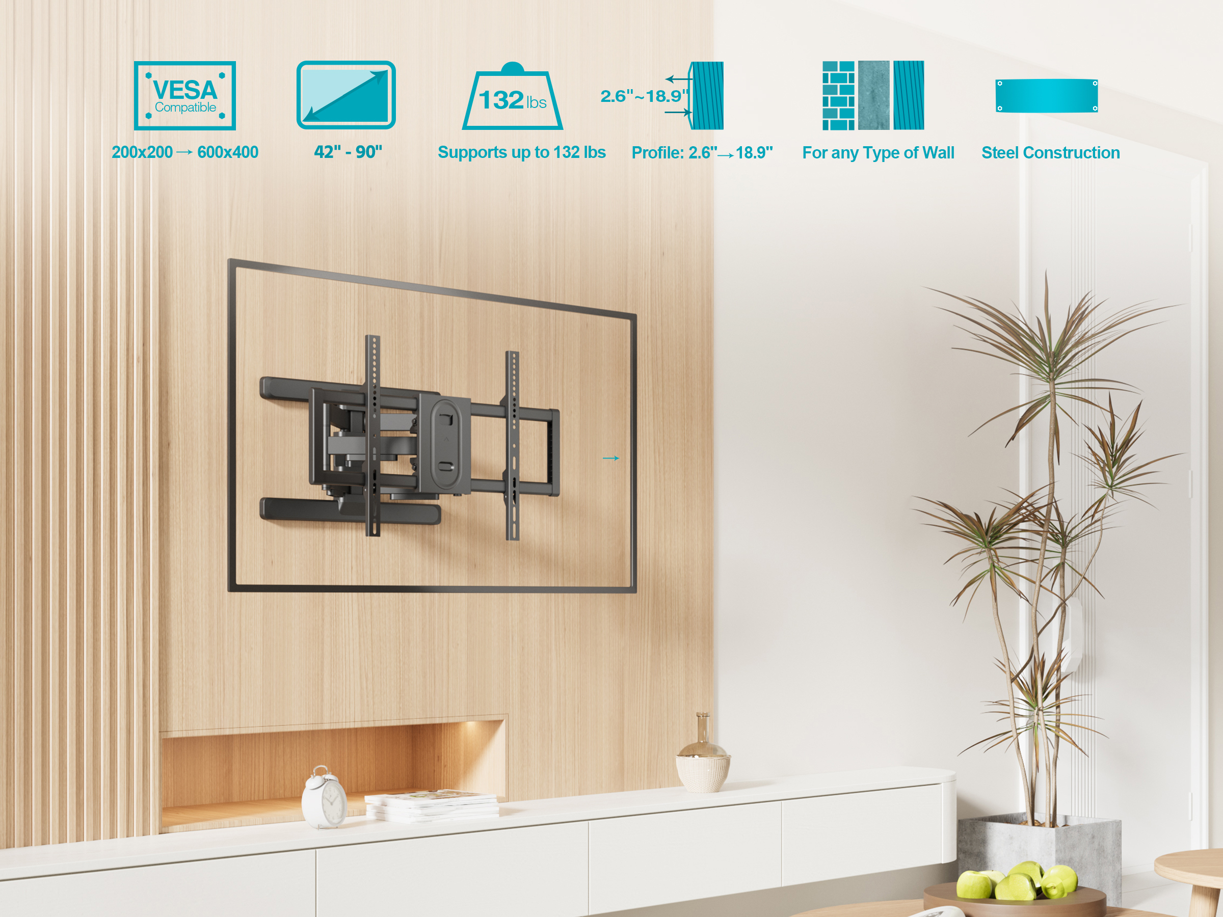 Premium Full Motion TV Wall Mount Bracket for 42" to 90" TVs up to 132lbs, Max VESA 600x400