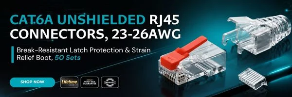 Monoprice Cat6A Unshielded RJ45 Connectors with Break-Resistant Latch & Strain Relief Boot - Gold-Plated, for 23-26AWG UTP Cable, 50-Sets