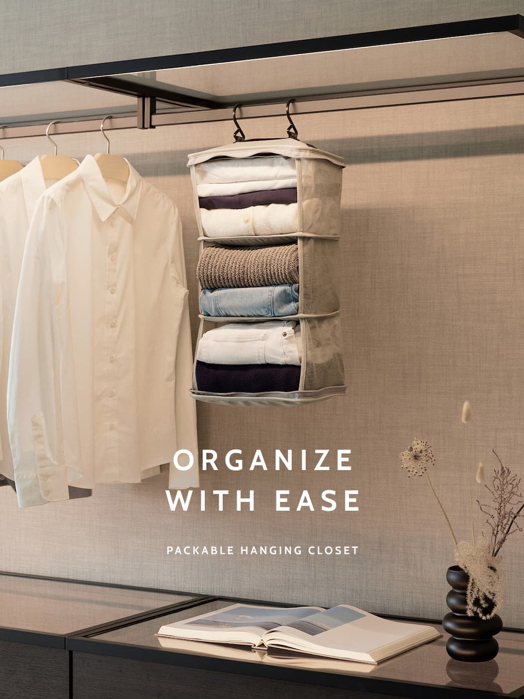 Organize with ease. Packable Hanging Closet.