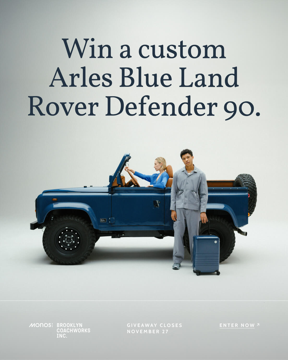 Win a custom Arles Blue Land Rover Defender 90. Monos. Brooklyn Coachworks Inc. Giveaway closes November 27. Enter now.