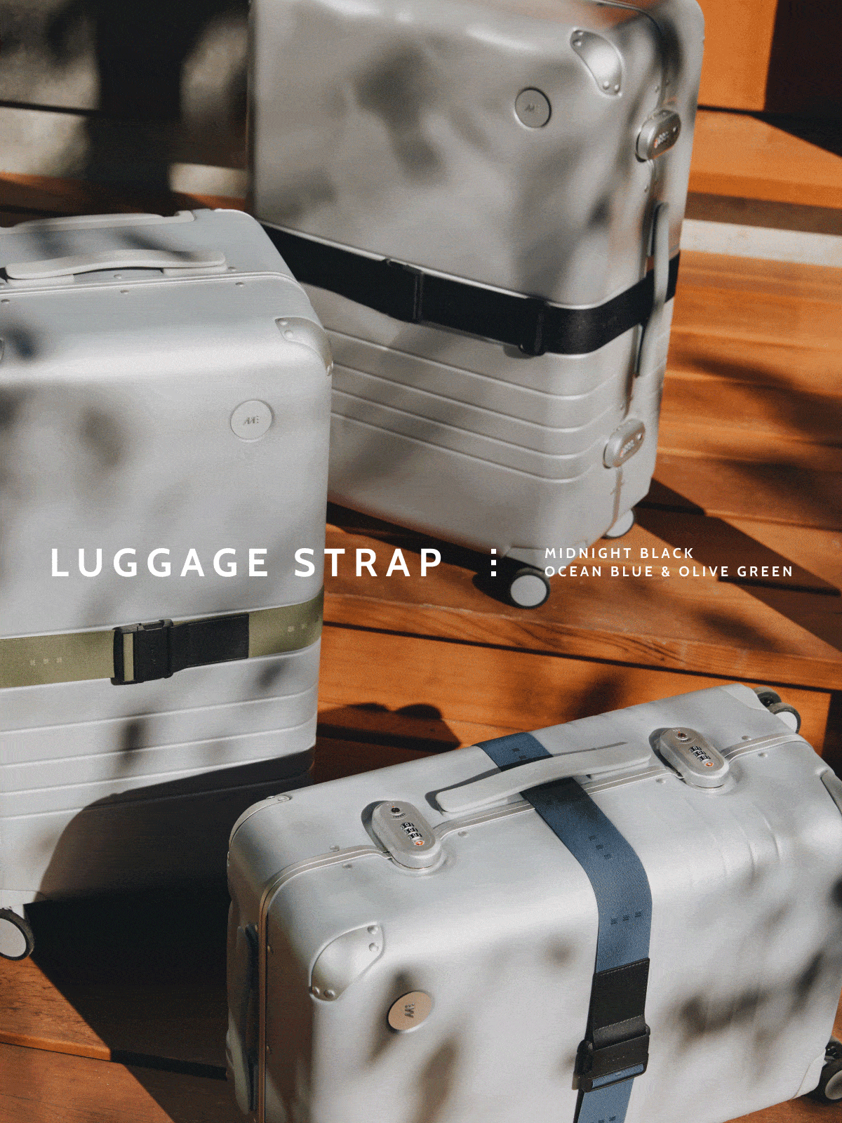 Luggage Strap. Midnight Black, Ocean Blue & Olive Green.