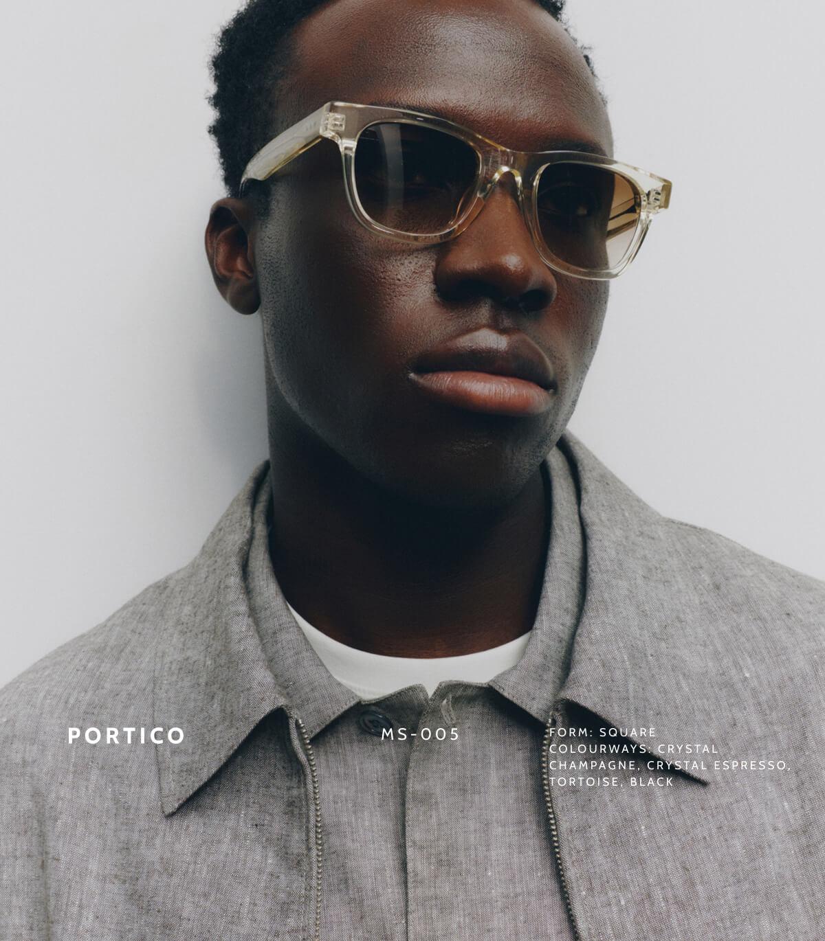 Portico. MS-005. Form: Square. Colourways: Crystal Champagne, Crystal Espresso, Tortoise, Black.
