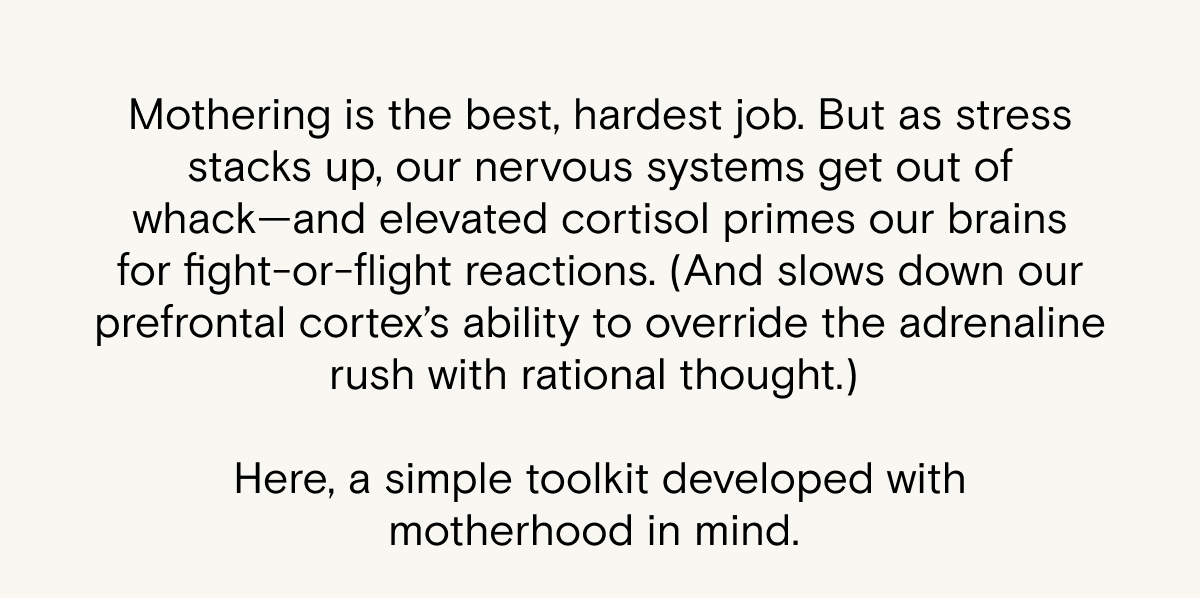 Mothering is the best, hardest&nbsp;job.&nbsp;But&nbsp;as&nbsp;stress stacks up, our nervous systems get&nbsp;out of whack—and elevated cortisol primes our brains for fight-or-flight reactions.&nbsp;(And&nbsp;slows down&nbsp;our prefrontal cortex’s ability to override&nbsp;the adrenaline rush with rational thought.)&nbsp;Here is a simple toolkit developed with motherhood in mind.