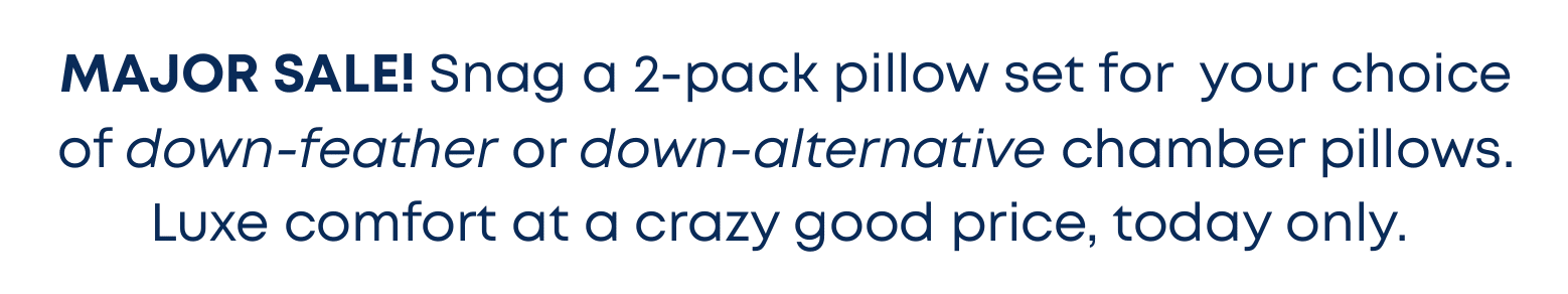 MAJOR SALE! Snag a 2-pack pillow set for your choice of down-feather or down-alternative chamber pillows. Luxe comfort at a crazy good price, today only.